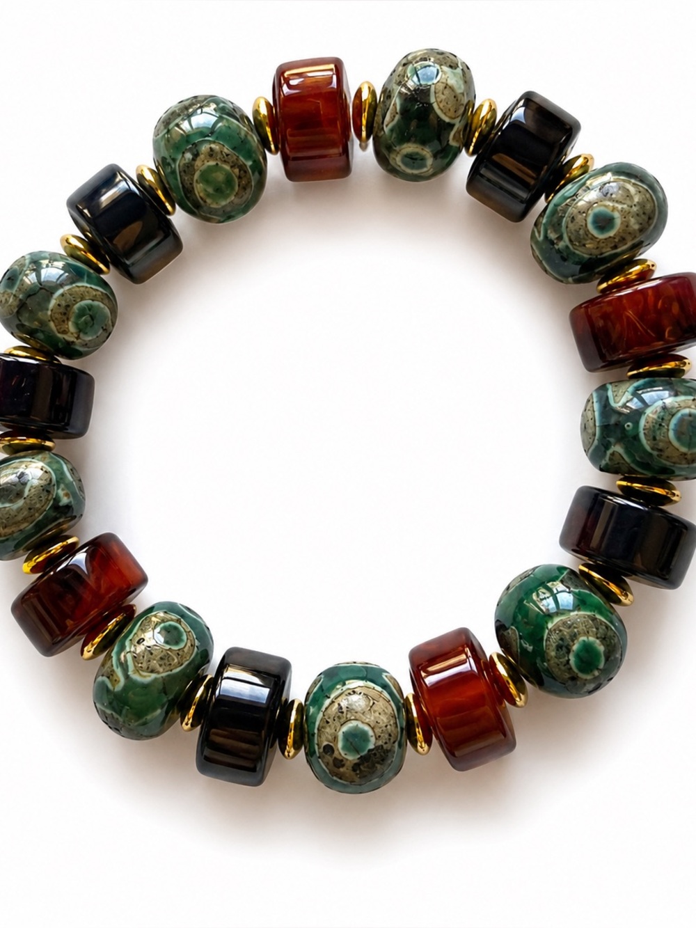 Handcrafted Green and Amber Bead Stretch Bracelet